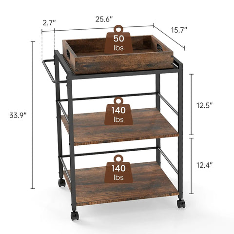 Kickback Ready Three Tier Kitchen Cart With Smooth Rollin Wheels Rustic Brown Multi Purpose Bar Serving Stand dimensions and weight capacity