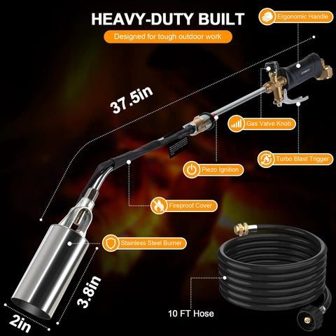 Beast Mode Heavy Duty Propane Weed Burner Torch With 1,800,000 BTU Flame Thrower Built In Igniter 10 Foot Hose