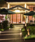 Night view with pathway lit by low voltage landscape light bulbs T5 11W 12V wedge base, creating a soft warm white glow for outdoor fixtures.