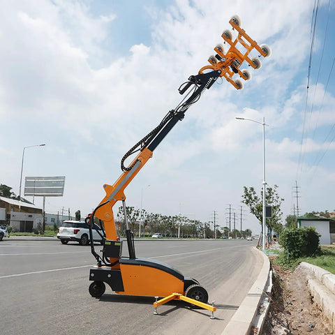 Heavy Duty Mobile Hydraulic Glass Vacuum Lifter With Battle Hardened Suction Cups positioned on pavement outdoors.