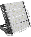 Stadium Flood Light 200W IP67 Water-Resistant 180° Adjustable Bracket in black with dimensions displayed prominently.