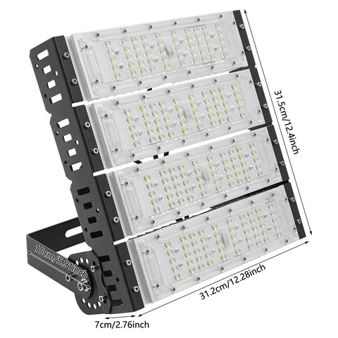 Stadium Flood Light 200W IP67 Water-Resistant 180° Adjustable Bracket in black with dimensions displayed prominently.