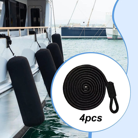Four Piece Boat Mooring Lines Set Made From Marine Grade PP With Fray Resistant Eye Loop Ties Heavy Duty Docking Ropes shown on a docked boat