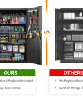 72 Inch Wide Heavy Duty Metal Storage Cabinet On Wheels Lockable Black Garage Cabinet 4 Adjustable Shelves Beefy Steel Storage For Garage Office Pantry Gym showing inside organization with pegboard and accessories vs a simpler cabinet without pegboard.