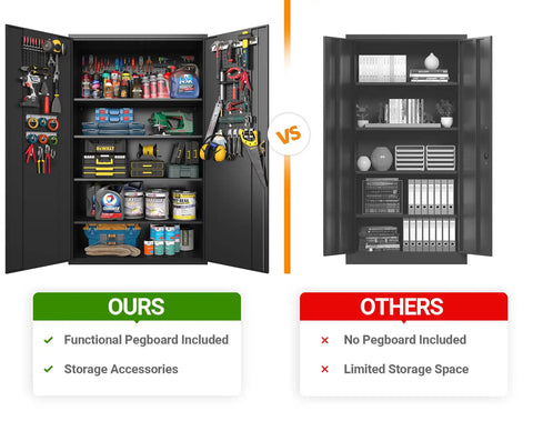 72 Inch Wide Heavy Duty Metal Storage Cabinet On Wheels Lockable Black Garage Cabinet 4 Adjustable Shelves Beefy Steel Storage For Garage Office Pantry Gym showing inside organization with pegboard and accessories vs a simpler cabinet without pegboard.