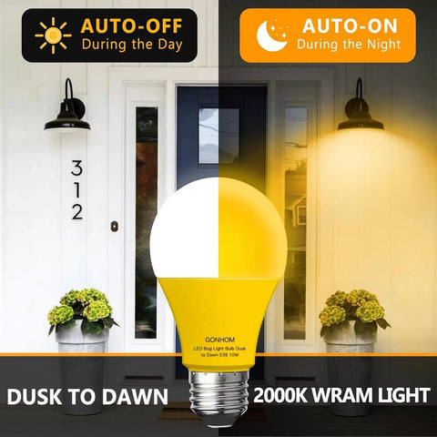 Dusk To Dawn Amber Bug Light Bulbs Outdoor Four Pack Auto On Off 10W 100W Equivalent E26 Base seen in outdoor lighting setup.