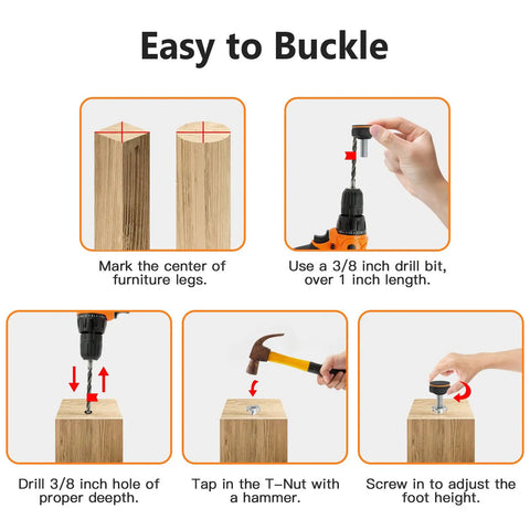 Instructional steps for installing 20 Set Built Tough Furniture Levelers With Floor Protectors, Screw In Adjustable Feet.