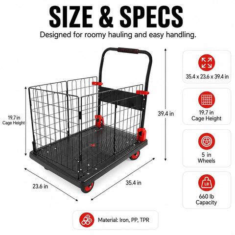 Foldable Cage Cart And Flatbed Hand Truck 2 In 1 Multi Purpose Dolly With 660 Lbs Capacity For Grocery Laundry Garage Warehouse Four Swivel Wheels Heavy Duty All In One, 35.4 x 23.6 x 39.4 in