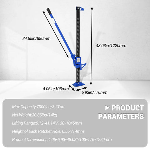 Ratcheting Farm Jack 48 Inch Heavy Duty Lift 7,000 Lb Capacity For Tractor, Truck, SUV Off Road Utility Jack With measurements