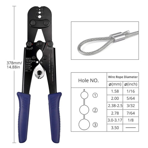 2 In 1 Wire Rope Crimping Tool And Cutter For DIY Rigging with blue handles, crimped cable example, and wire size chart