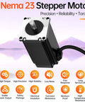 Nema 23 stepper motor, black housing with silver faceplate and exposed shaft, 110 mm long