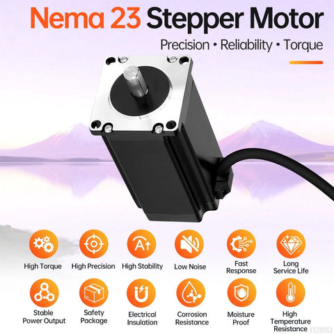 Nema 23 stepper motor, black housing with silver faceplate and exposed shaft, 110 mm long