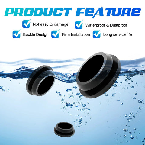 125 Piece Rubber Plugs For Round Holes Set In Assorted Sizes Premium Black Silicone Hole Plugs submerged in water showcasing durability