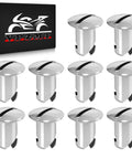 10 Pack Chrome Quarter Turn Fasteners.500 Grip 7/16 Aluminum Oval Pull Buttons arranged in front of packaging.