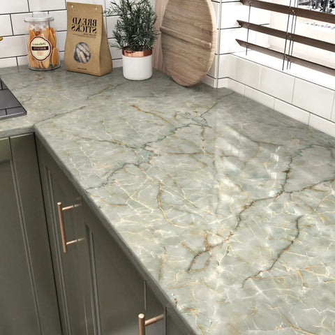 Green Marble Peel And Stick Contact Paper For Countertops And Backsplash Waterproof Vinyl Wallpaper For Kitchen Cabinets And Table Tops Cyan Marble Look 15.8 X 78.7 Inches No Mess Easy Install applied on kitchen countertop