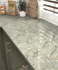 Green Marble Vinyl Contact Paper Peel And Stick For Cabinets And Countertops Waterproof Self Adhesive Covering 15.8 By 472 Inches 51.6 Sq Ft Removable Desk Table Top Decor Film applied to kitchen countertop