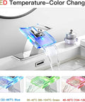 Waterfall Glass Spout LED Temperature Changing Bathroom Faucet with Single Handle, blue LED cascade, chrome finish