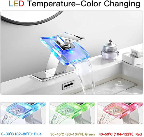 Waterfall Glass Spout LED Temperature Changing Bathroom Faucet with Single Handle, blue LED cascade, chrome finish