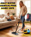 Hella Powerful 1500W Steam Cleaner With 36 Piece Attachment Kit And 1.5L Tank used on hardwood floor in a home setting.