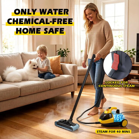 Hella Powerful 1500W Steam Cleaner With 36 Piece Attachment Kit And 1.5L Tank used on hardwood floor in a home setting.