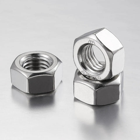 Close-up view of Beefy 1/4-20 Stainless Steel Hex Nuts Set, 50 Pieces, Coarse UNC Threads, featuring 304 stainless steel construction.
