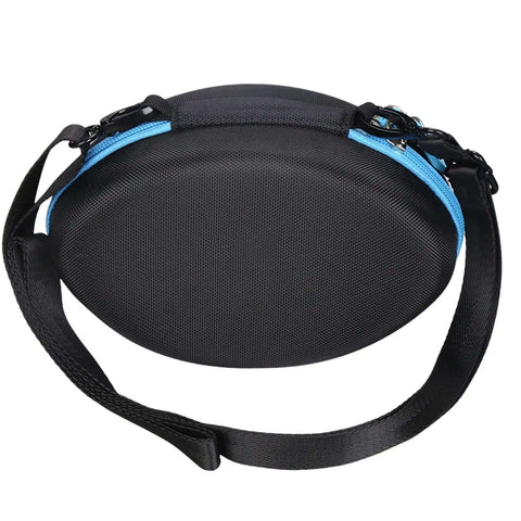 Rugged EVA Hard Shell Travel Case for Wireless Foldable Headphones With Shockproof Bully Resistant Exterior And Super Soft Interior Lining To Shield Your Audio Rig From Drops Scratches And Dents In Black And Blue Style, overhead view.
