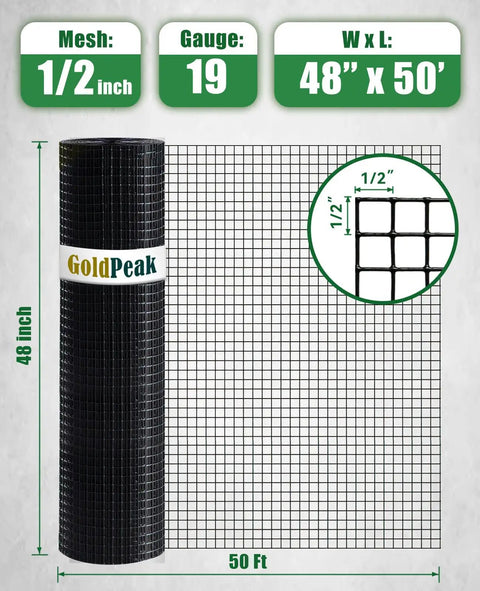 Hardware Cloth 1/2 Inch Square Mesh 19 Gauge Black Vinyl Coated Wire Roll 48 Inch Wide By 50 Feet Long For Chicken Fencing