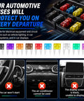 Top Shelf Car Fuse Assortment Kit With 120 Pieces covering ten amp ratings from two to thirty five showing various mini blade fuses.