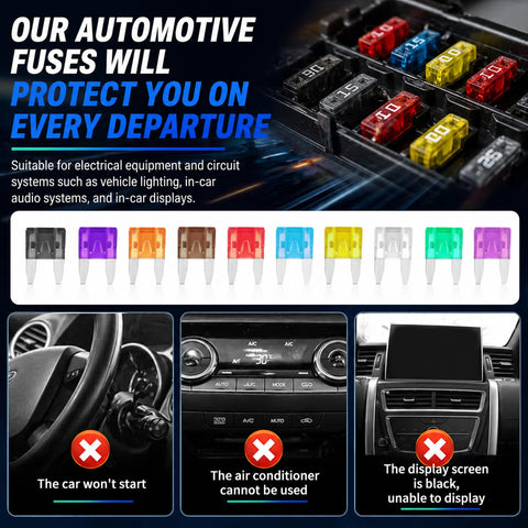 Top Shelf Car Fuse Assortment Kit With 120 Pieces covering ten amp ratings from two to thirty five showing various mini blade fuses.