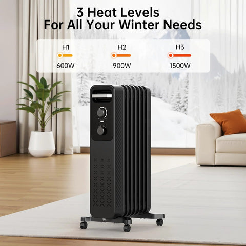 ZAFRO 1500W oil-filled radiator heater on wheeled stand, black, with 3 heat levels (600W/900W/1500W)