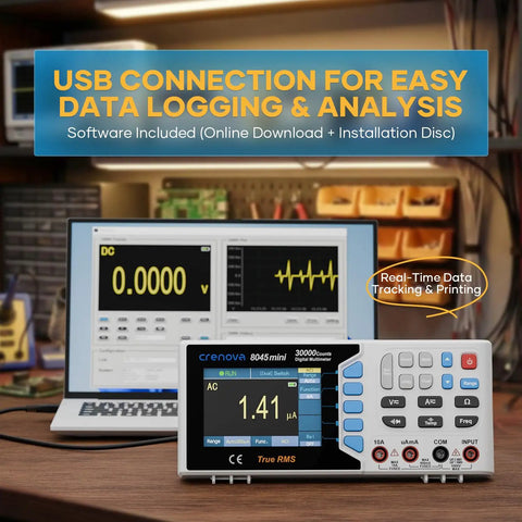 30,000 Counts True RMS Digital Multimeter For Bench Top Lab And Industrial Use With USB Data Logging CAT II 600V on desk