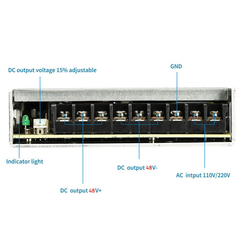 48V DC LED Power Driver For Track Lighting System, 350W, back panel view with AC input, DC output terminals, UL Certified