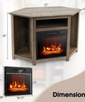 Corner Electric Fireplace TV Stand With Heater And LED Lights, dimensions displayed, gray finish, fits 50-inch TVs, space-saving design.