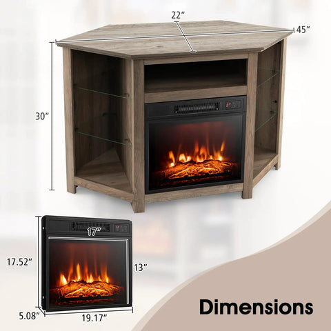 Corner Electric Fireplace TV Stand With Heater And LED Lights, dimensions displayed, gray finish, fits 50-inch TVs, space-saving design.