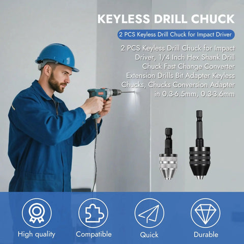 Two Pack Keyless Drill Chuck Adapter Set With One Quarter Inch Hex Shank For Quick Change Heavy Duty Bit Converter