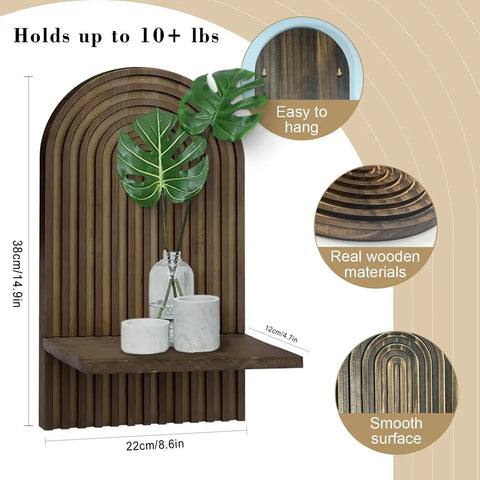 Set Of Two Boho Floating Wall Shelves For Cool Room Vibes And Rustic Display Space Featuring Dead Easy Mounting And Premium Solid Craftsmanship To Truly Level Up Your Decor Game, 22cm x 38cm wooden shelf with decor.