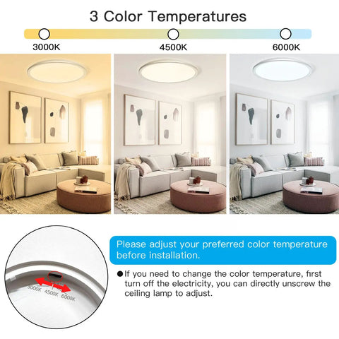 12 Inch ETL Flush Mount LED Ceiling Light With Dimmable 28W 3200LM, Slim IC Design, 3000K 4500K 6000K Three Color Temps, Eye Friendly And Flicker Free, No Delay, Easy Install