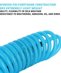 Badass 1/4 Inch Coiled Polyurethane Air Hose For Air Compressors With Swivel Fittings And Bend Restrictors Blue installed in a curved shape.