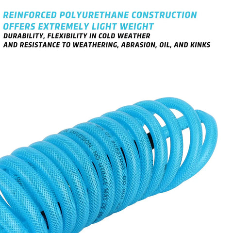 Badass 1/4 Inch Coiled Polyurethane Air Hose For Air Compressors With Swivel Fittings And Bend Restrictors Blue installed in a curved shape.