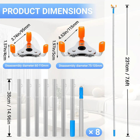 Say No To Wobbly Ladders With This Smart Smoke Detector Removal Tool Featuring An Adjustable Reach Pole Stretching Up To 10 Feet For Easy Ceiling Disassembly And Hassle Free Maintenance, showcasing product dimensions and disassembly details.