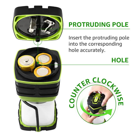 Battery installation of 1000 Lumen Battery Powered LED Camping Lantern With Four Light Modes, Waterproof Tent Light For Camping