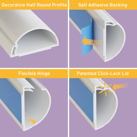 Half Round TV Wire Hider Cord Cover With Hinged One Piece Raceway Paintable Self Adhesive showing profile, backing, hinge, and lid