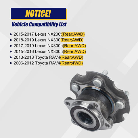 Rear Wheel Bearing And Hub Assembly Compatible With Lexus NX200t NX300 NX300h And Toyota RAV4 2006 To 2018 Rear AWD 5 Lug With ABS