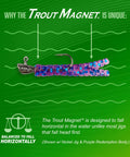 Image of a Trout Magnet fishing lure with a nickel jig and purple redemption body on a green background, demonstrating its unique horizontal fall.