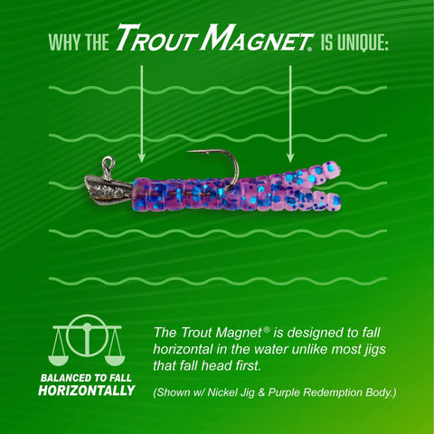 Image of a Trout Magnet fishing lure with a nickel jig and purple redemption body on a green background, demonstrating its unique horizontal fall.