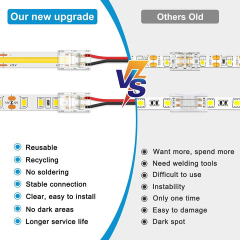Comparison of Twenty Pack 8Mm Two Pin Solderless Led Strip To Wire Connectors Snap And Go Transparent Adapters with old connectors