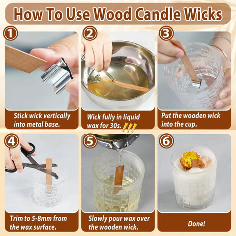 Instructional image showing steps to use wood wicks from the Candle Making Starter Kit With 130 Pieces Wicks And Full Tool Set for DIY candles.
