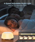 Child sleeping with All Night White Noise Machine With 9 Color Night Light next to bed, showcasing brightness levels