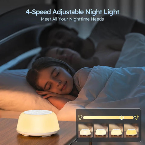 Child sleeping with All Night White Noise Machine With 9 Color Night Light next to bed, showcasing brightness levels