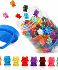 Kid Approved 110 Pieces Translucent Counting Bears With Heavy Duty Plastic Jar Color Sorter in various colors and shapes.